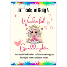 Load image into Gallery viewer, A Wonderful Granddaughter/Grandson Certificate - Personalised